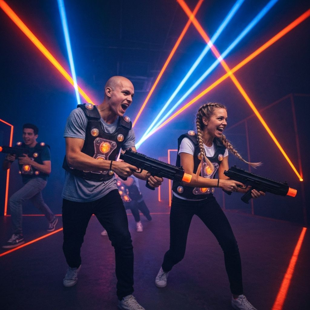 Players enjoying an exciting laser tag game in a neon-lit arena