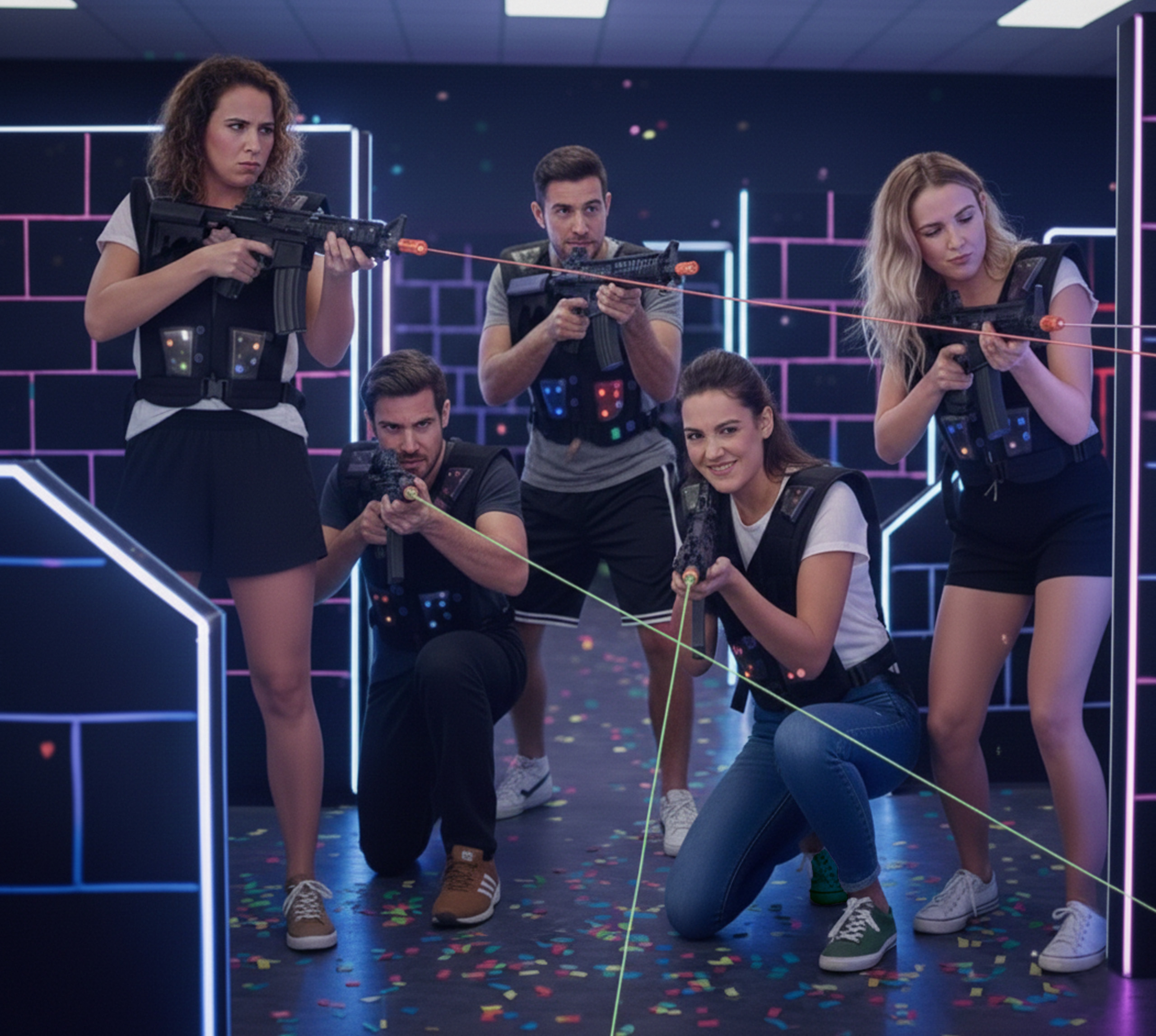 Professional laser tag arena with neon lighting