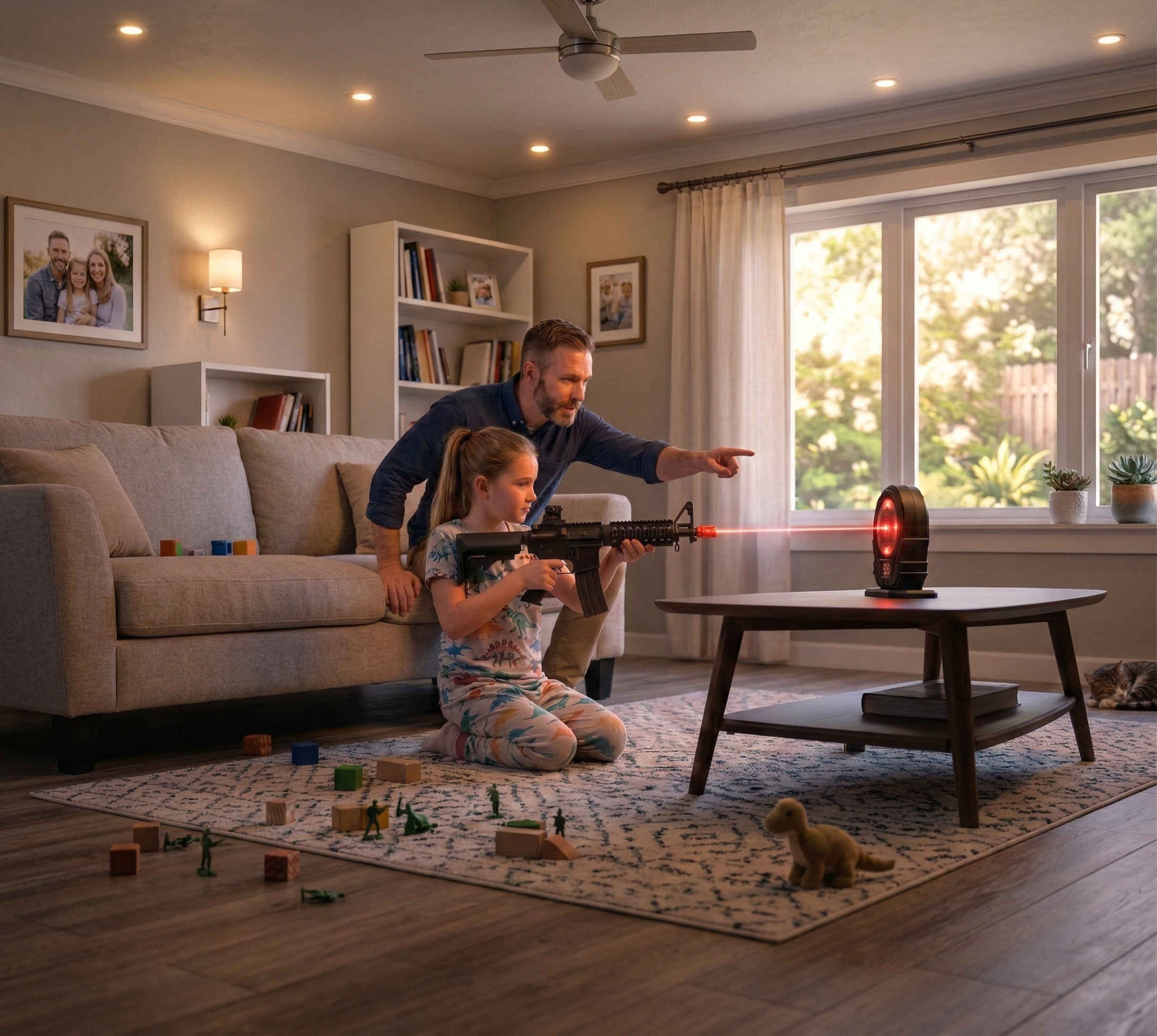 Family playing laser tag in a backyard setting